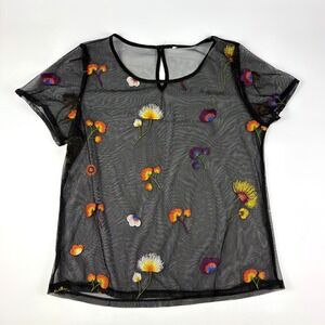 Sheer Embroidered Floral Top No Size Tag Black S/S Whimsy Goth‎ Cottage Fairy